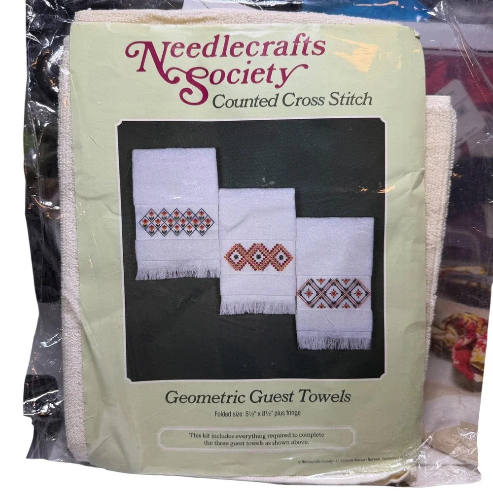 Needlecrafts Society Cross Stitch Geometric Guest Towels Kit DIY 3 Pack New VTG